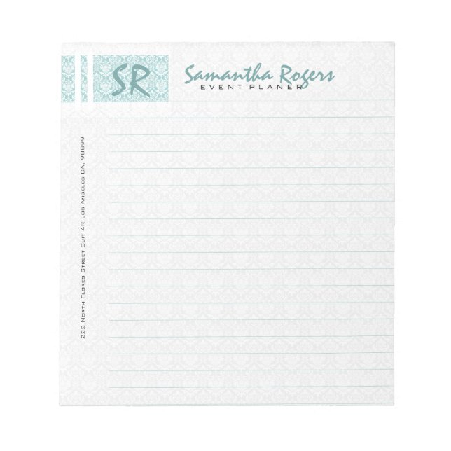 Monogramed Sage Green & White Damasks Notepad (Front)
