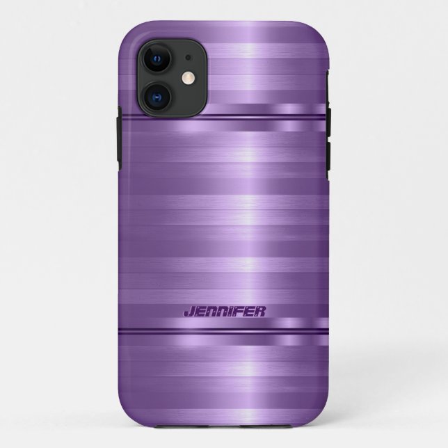 Monogramed Shiny Metallic Purple Stripes Case-Mate iPhone Case (Back)