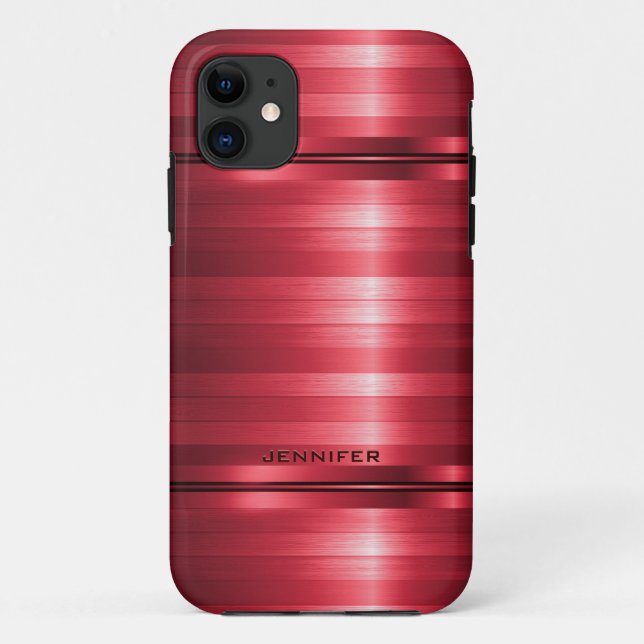 Monogramed Shiny Metallic Red Stripes Case-Mate iPhone Case (Back)