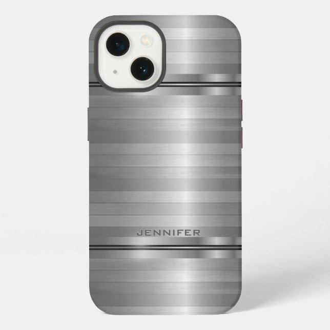 Monogramed Shiny Metallic Silver Grey Stripes Case (Back)