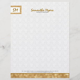 Monogramed Simple Gold Glitter White Damasks Personalized Letterhead