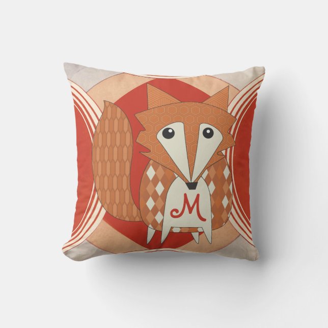 Monogramed Stylised Retro Orange Red Fox Pillow (Front)