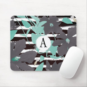 Monogramed Teal Gray Floral Stripe Mouse Mat