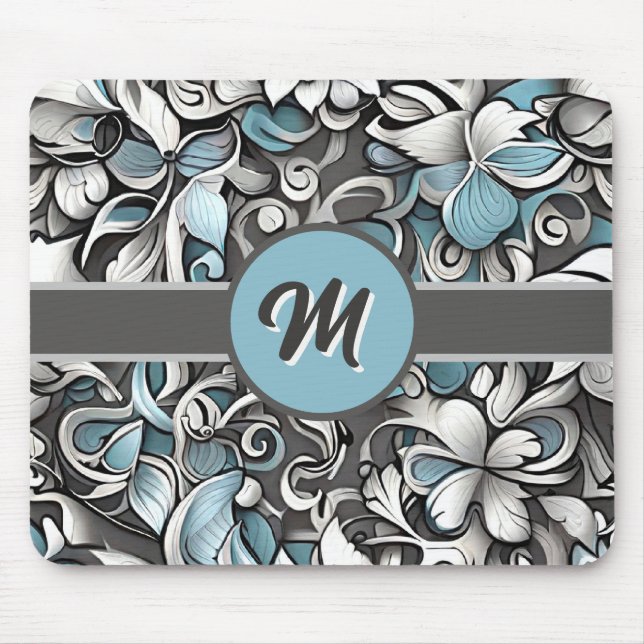 Monogramed Teal Grey Abstract  Mouse Mat (Front)