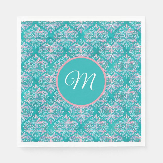 Monogramed Teal Pattern Napkins (Front)