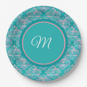 Monogramed Teal Pattern Napkins Paper Plate
