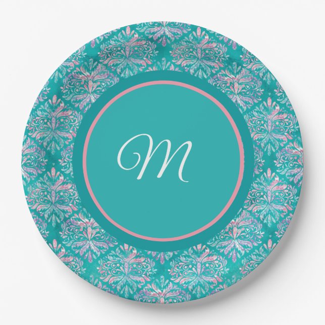 Monogramed Teal Pattern Napkins Paper Plate (Front)