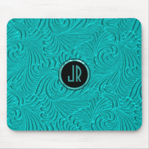 Monogramed Turquoise Embossed Floral Damasks Mouse Mat