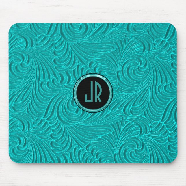 Monogramed Turquoise Embossed Floral Damasks Mouse Mat (Front)