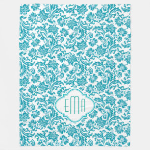 Monogramed Turquoise & White Floral Damasks Fleece Blanket