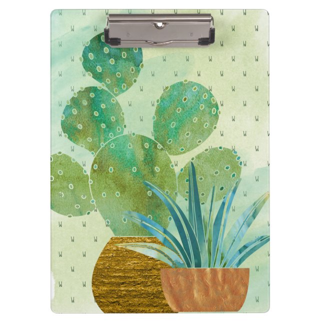 Monogramed Watercolor Cactus Blues Greens Clipboard (Front)