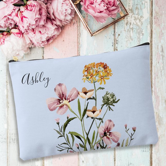Monogramed Watercolor Wildflower Bouquet #1 Accessory Pouch (In situ, on table)
