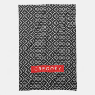 Monogramed White And Black Geometric Pattern Tea Towel
