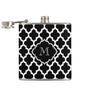 Monogramed White And Black Ikat Quatrefoil Hip Flask