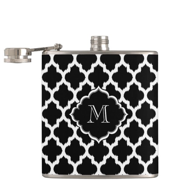 Monogramed White And Black Ikat Quatrefoil Hip Flask (Opened)