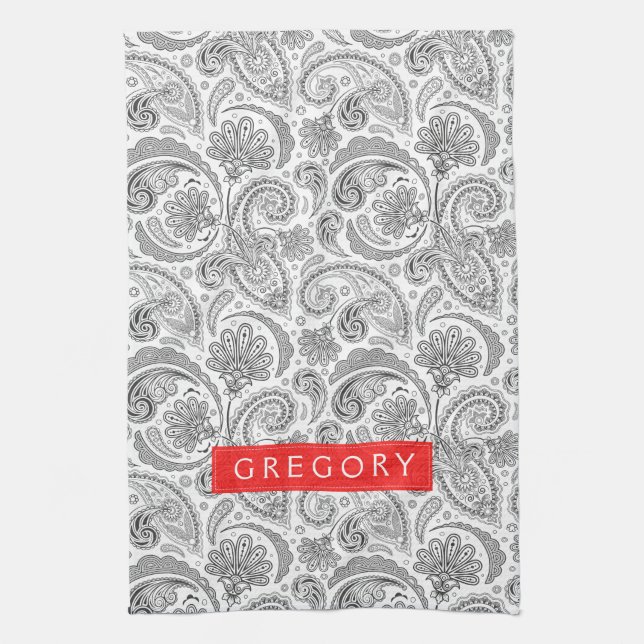 Monogramed White And Grey Floral Paisley Tea Towel (Vertical)
