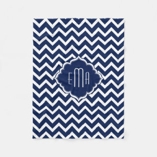 Monogramed White & Blue Geometric Zigzag Chevron Fleece Blanket