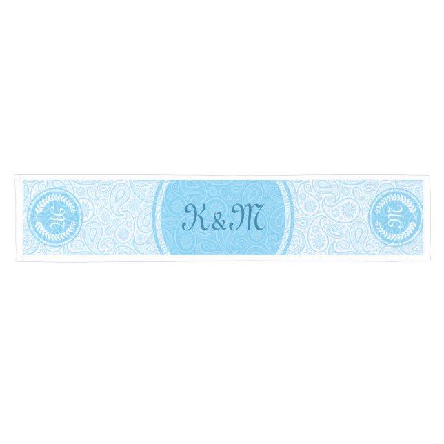 Monogramed White & Blue Paisley & Wreath Short Table Runner (Horizontal)
