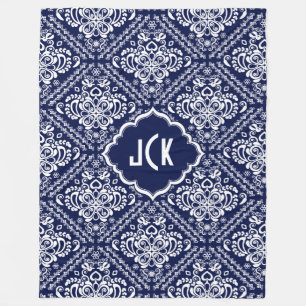 Monogramed White Floral Damasks & Blue Background Fleece Blanket
