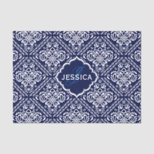Monogramed White Floral Damasks & Blue Background Tissue Paper