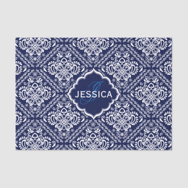 Monogramed White Floral Damasks & Blue Background Tissue Paper (Front)