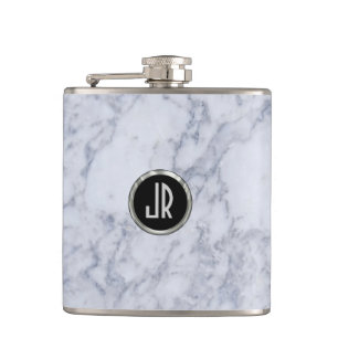 Monogramed White Marble Stone Pattern & Silver Hip Flask