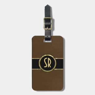 Monogramed Worn-out Brown Leather Look 2 Luggage Tag