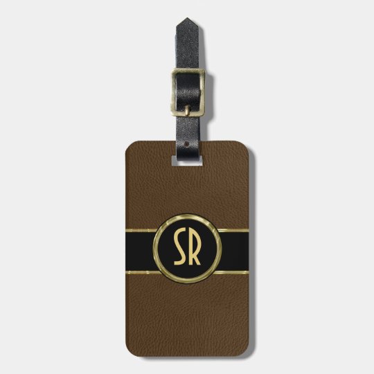 Monogramed Worn-out Brown Leather Look 2 Luggage Tag