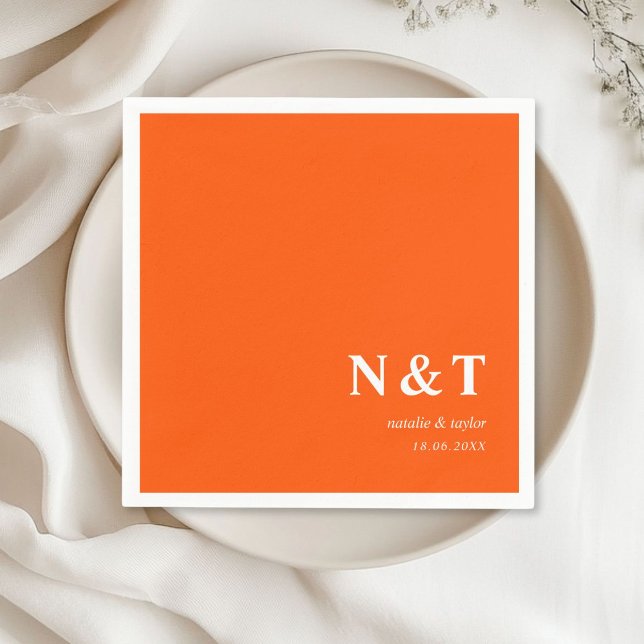 Monogramm orange napkin (Monogram, modern, simple, elegant orange napkins, with your names and date.)