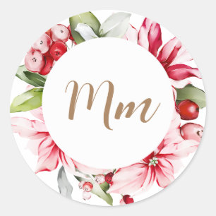 Monogramm personalise winter holiday red flower classic round sticker