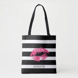 Monogramm Pink Lips And Black White Stripes Tote Bag