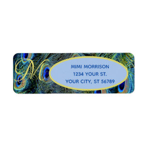 Monogrammable Blue Gold Peacock Feather Labels