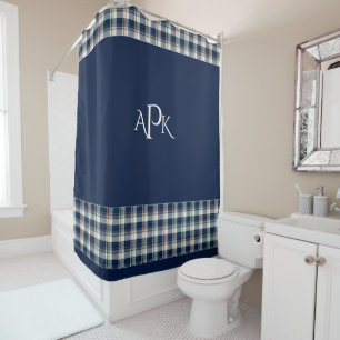 Monogrammable Blue, White, Multi Thread Plaid Shower Curtain
