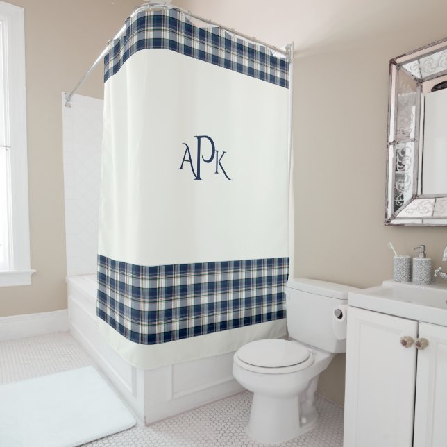 Monogrammable Blue, White, Multi Thread Plaid Shower Curtain (In Situ)