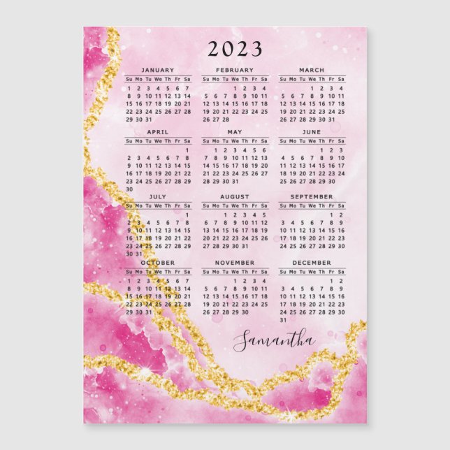 Monogrammed 2023 Magnetic Calendar Pink Marble (Front)