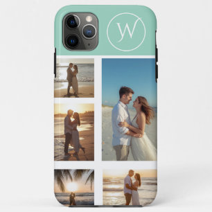 Monogrammed 5 Photo Collage on Teal iPhone 11 Pro Max Case