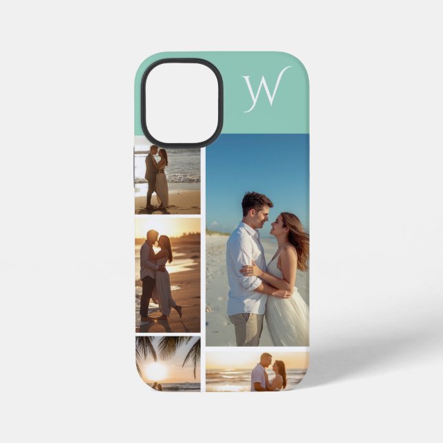 Monogrammed 5 Photo Collage on Teal iPhone Case (Back)