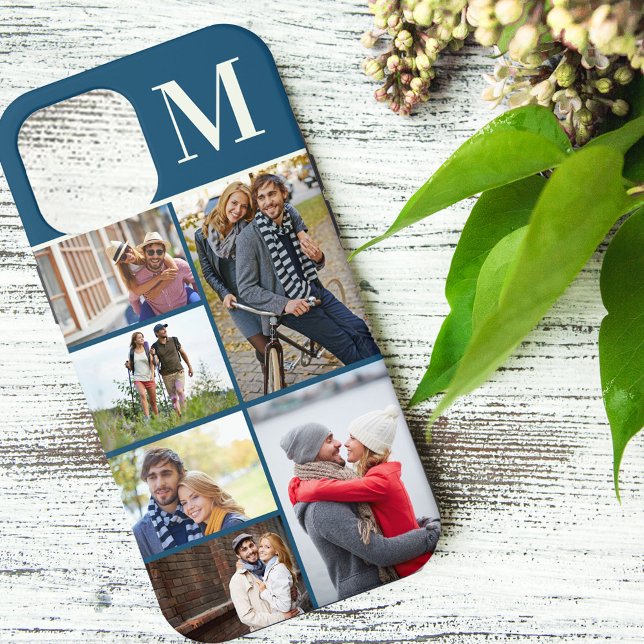 Monogrammed 6 Photo Collage Blue Case-Mate iPhone Case (Creator Uploaded)