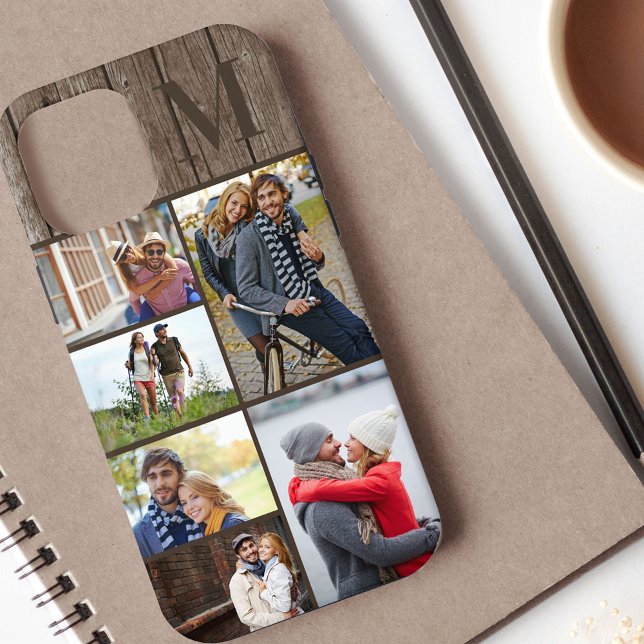 Monogrammed 6 Photo Collage Brown Wood Case-Mate iPhone Case (Creator Uploaded)