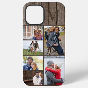 Monogrammed 6 Photo Collage Brown Wood iPhone 12 Pro Max Case