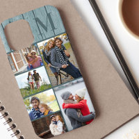Monogrammed 6 Photo Collage Coastal Blue Wood