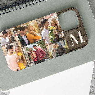 Monogrammed 6 Photo Collage Horizontal Rustic Wood iPhone 12 Pro Max Case