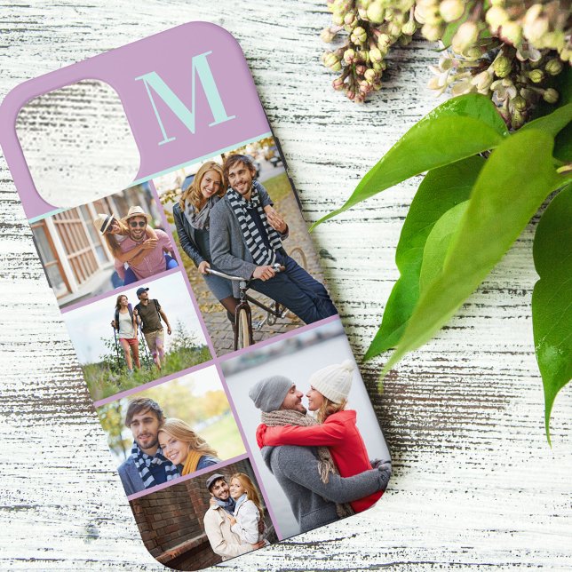 Monogrammed 6 Photo Collage Lilac Mint Case-Mate iPhone Case (Creator Uploaded)