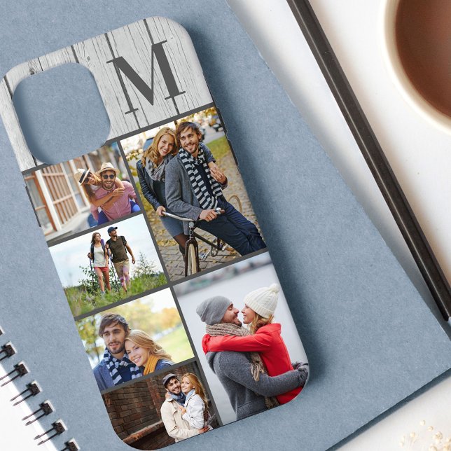 Monogrammed 6 Photo Collage Whitewashed Wood Case-Mate iPhone Case (Creator Uploaded)