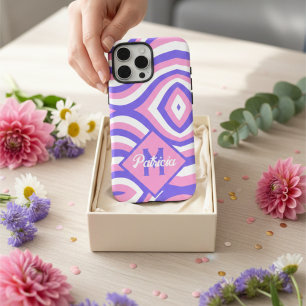 Monogrammed 70s Groovy pink & purple psychedelic  iPhone 16 Pro Max Case