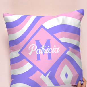 Monogrammed 70s Groovy pink & purple psychedelic Cushion