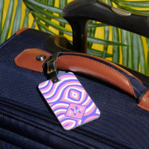 Monogrammed 70s Groovy pink & purple psychedelic Luggage Tag