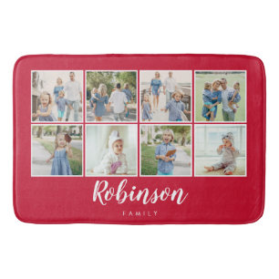 Monogrammed 8 Photo Family Collage Red Bath Mat