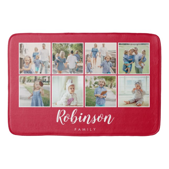 Monogrammed 8 Photo Family Collage Red Bath Mat (Front)