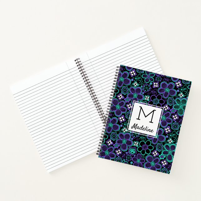 Monogrammed 90s Glow Floral Pattern Trendy Flowers Notebook (Inside)